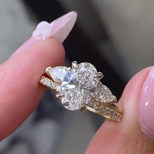 Art Deco 3 CT Oval Moissanite Wedding Ring Set 14K Solid Gold Bridal Set with Matching Band Ring Set for Women Unique Ring Proposal Ring Set